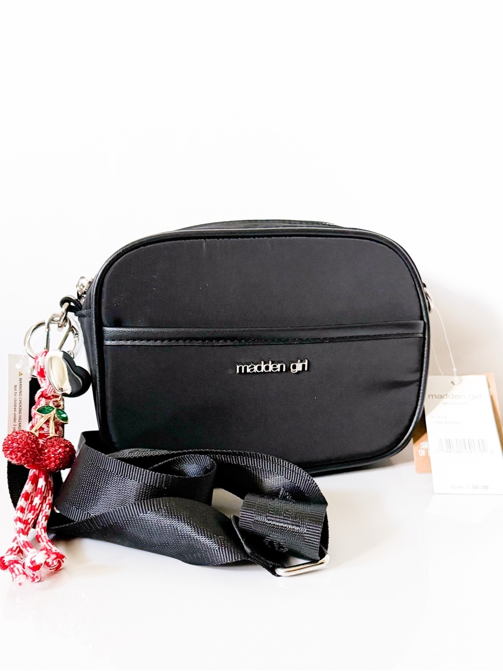 Madden Girl Black Camera Bag Crossbody Purse Cherry Charm Nylon NWT